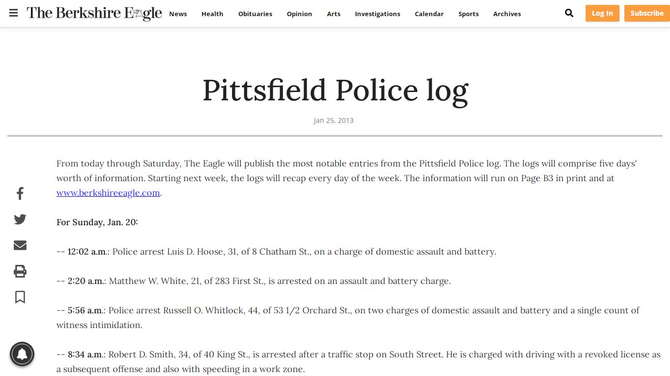 Pittsfield Police log | Local News | berkshireeagle.com